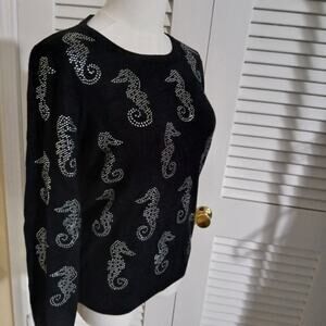 LIV Milano Small Black Long-Sleeved Metallic Seahorse Embellishment Sweater